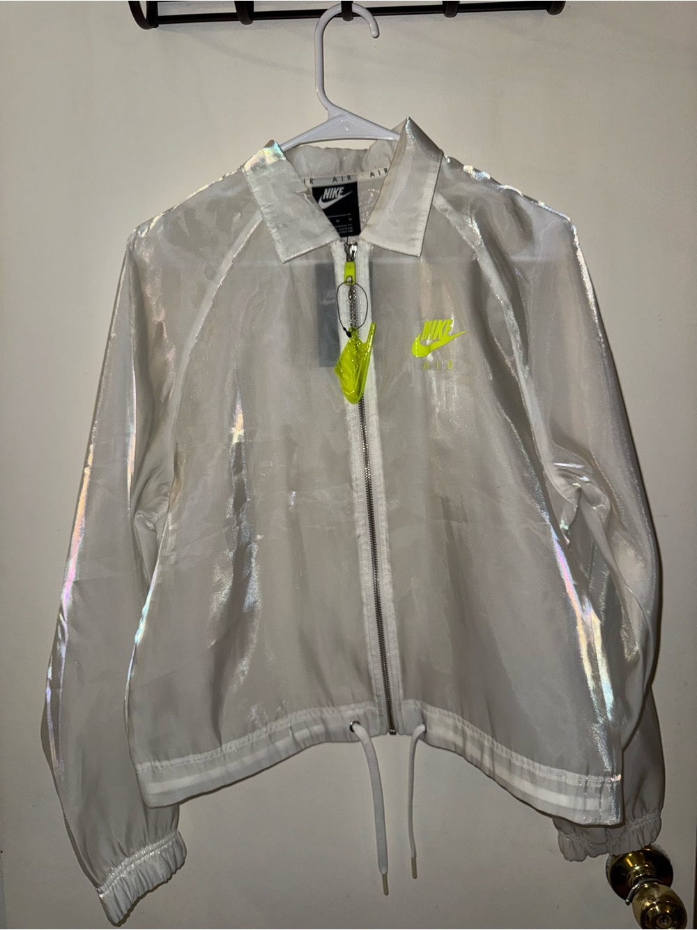 Nike White Iridescent Windbreaker Jacket with Neon Yellow Logo